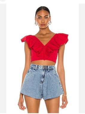 Iorane Ruffle Crop Top SZ 38/S Red V-Neck Party Festival Euro Summer Vacation